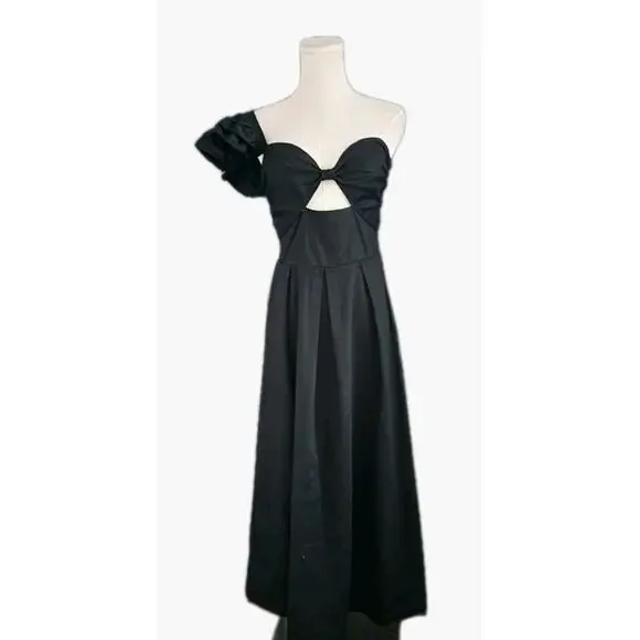 Eva Franco One-Shoulder Pleated Black Size 8 Cotton Midi Dress - Picture 4 of 8